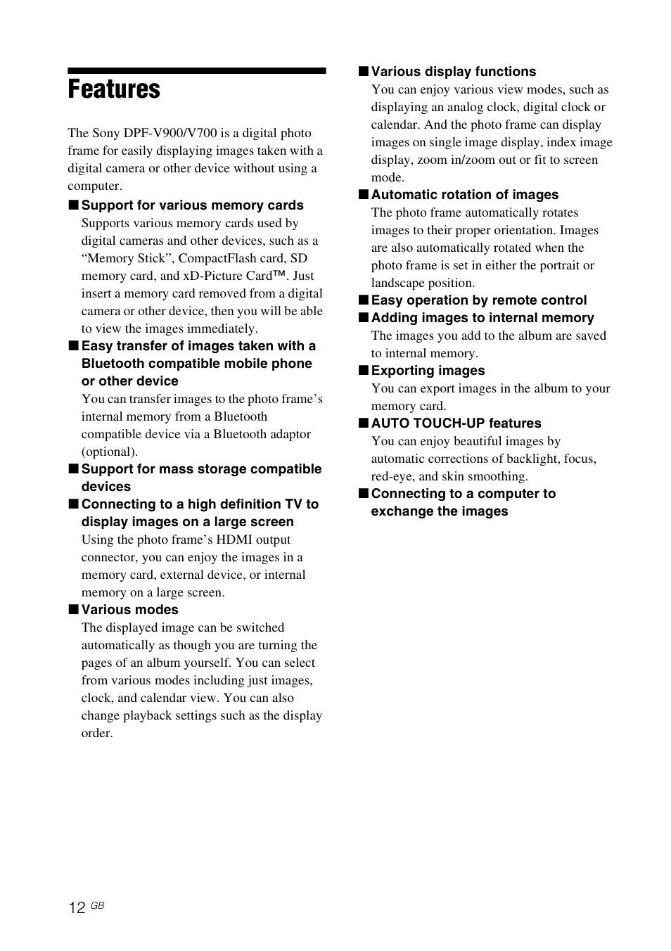 Features | Sony DPF-V900/V700 User Manual | Page 12 / 56