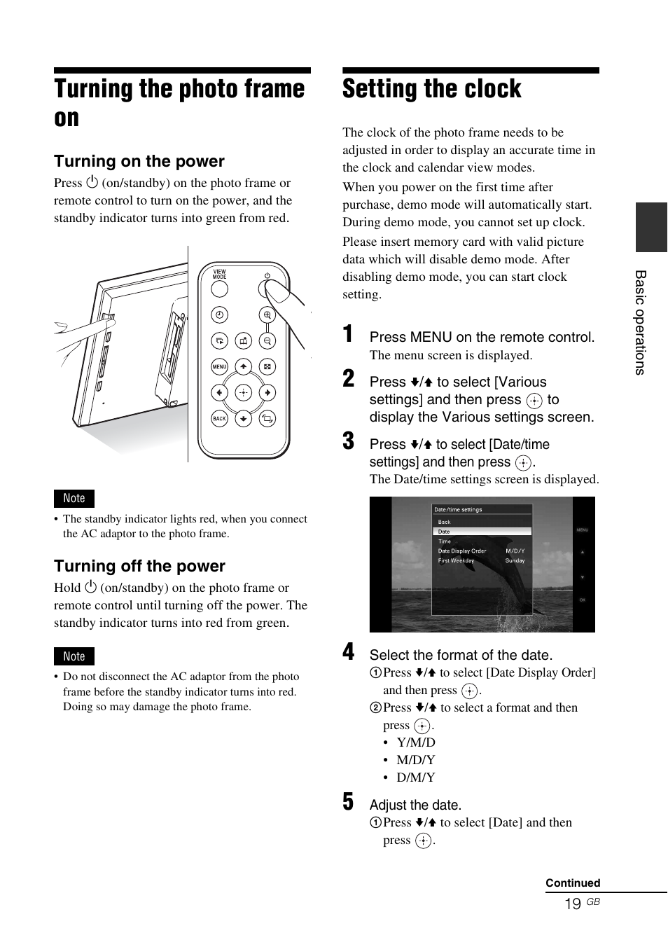 Turning the photo frame on, Setting the clock | Sony DPF-V900/V700 User Manual | Page 19 / 56