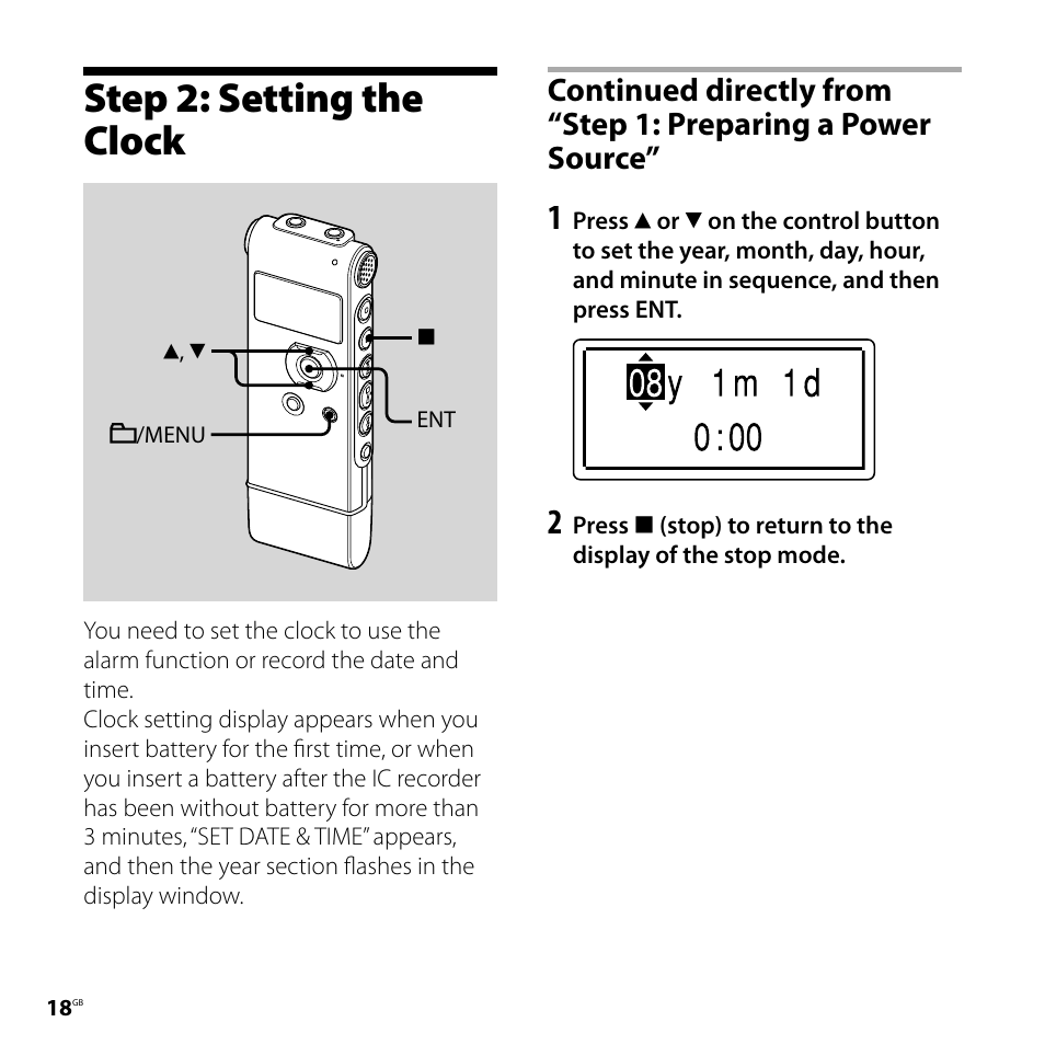 Step 2: setting the clock, Continued directly from “step 1, Preparing a power source | Sony CD-UX71 User Manual | Page 18 / 116