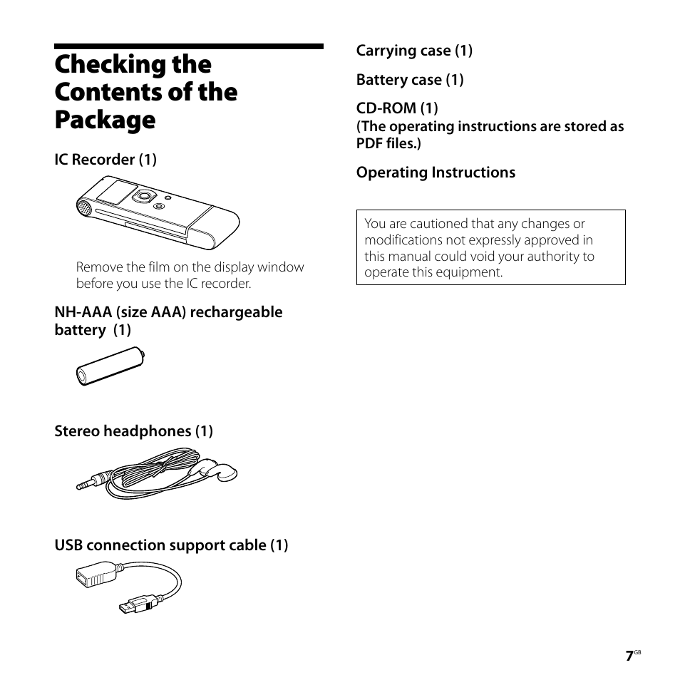 Checking the contents of the package, Checking the contents of, The package | Sony CD-UX71 User Manual | Page 7 / 116