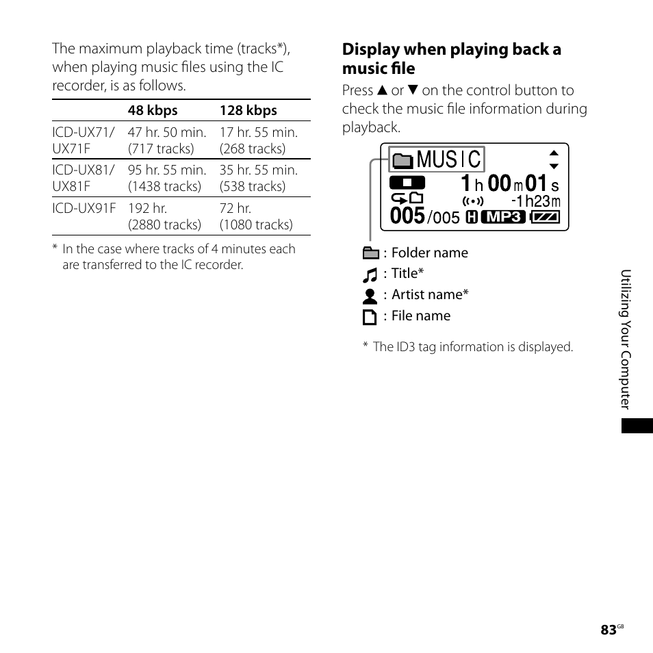Display when playing back a music file | Sony CD-UX71 User Manual | Page 83 / 116