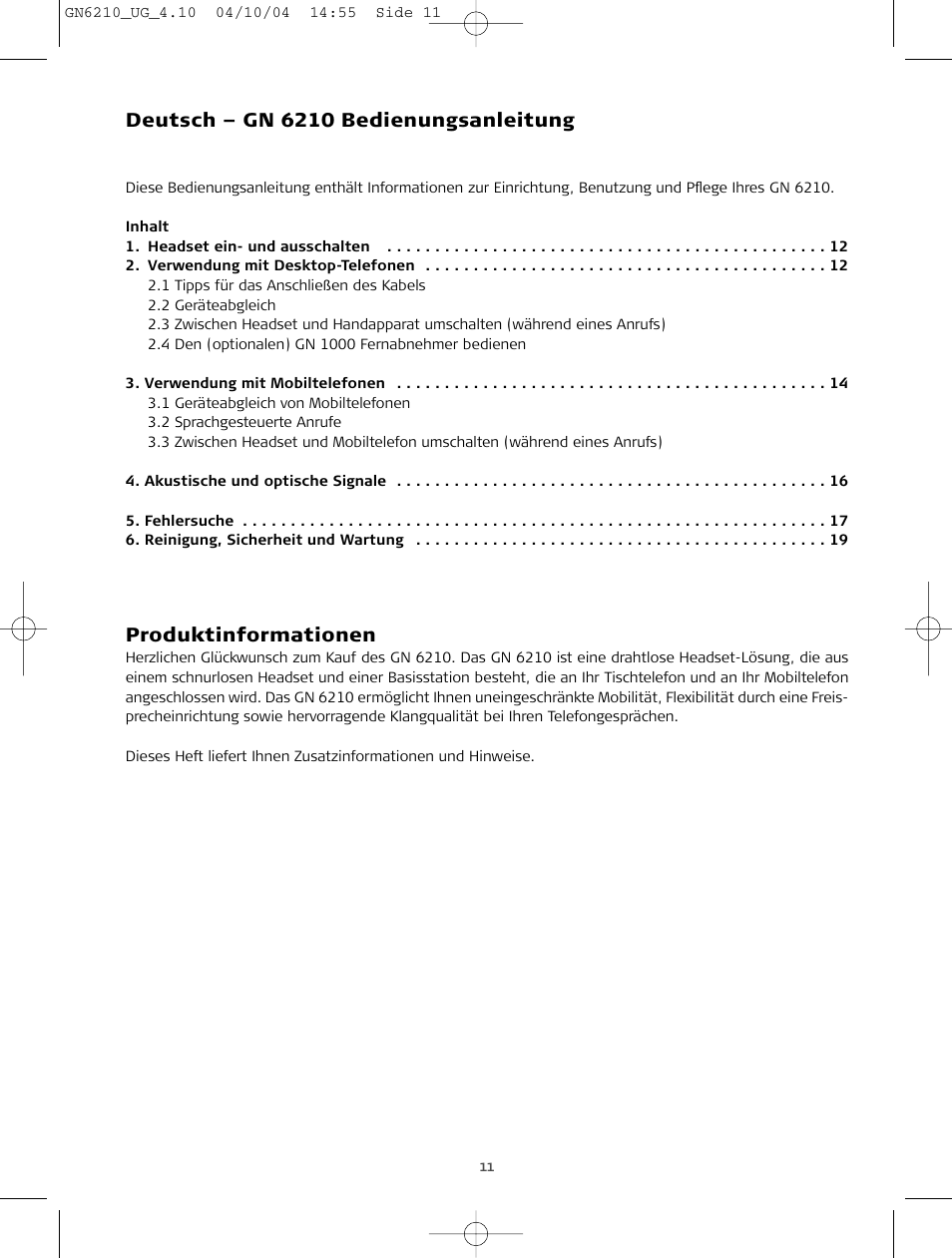 Bedienungsanleitung, Deutsch – gn 6210 bedienungsanleitung, Produktinformationen | Sony FR 20 User Manual | Page 11 / 37