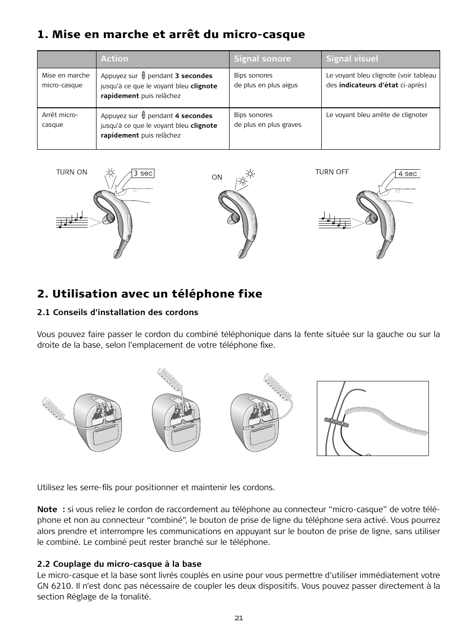 Mise en marche et arrêt du micro-casque, Utilisation avec un téléphone fixe | Sony FR 20 User Manual | Page 21 / 37