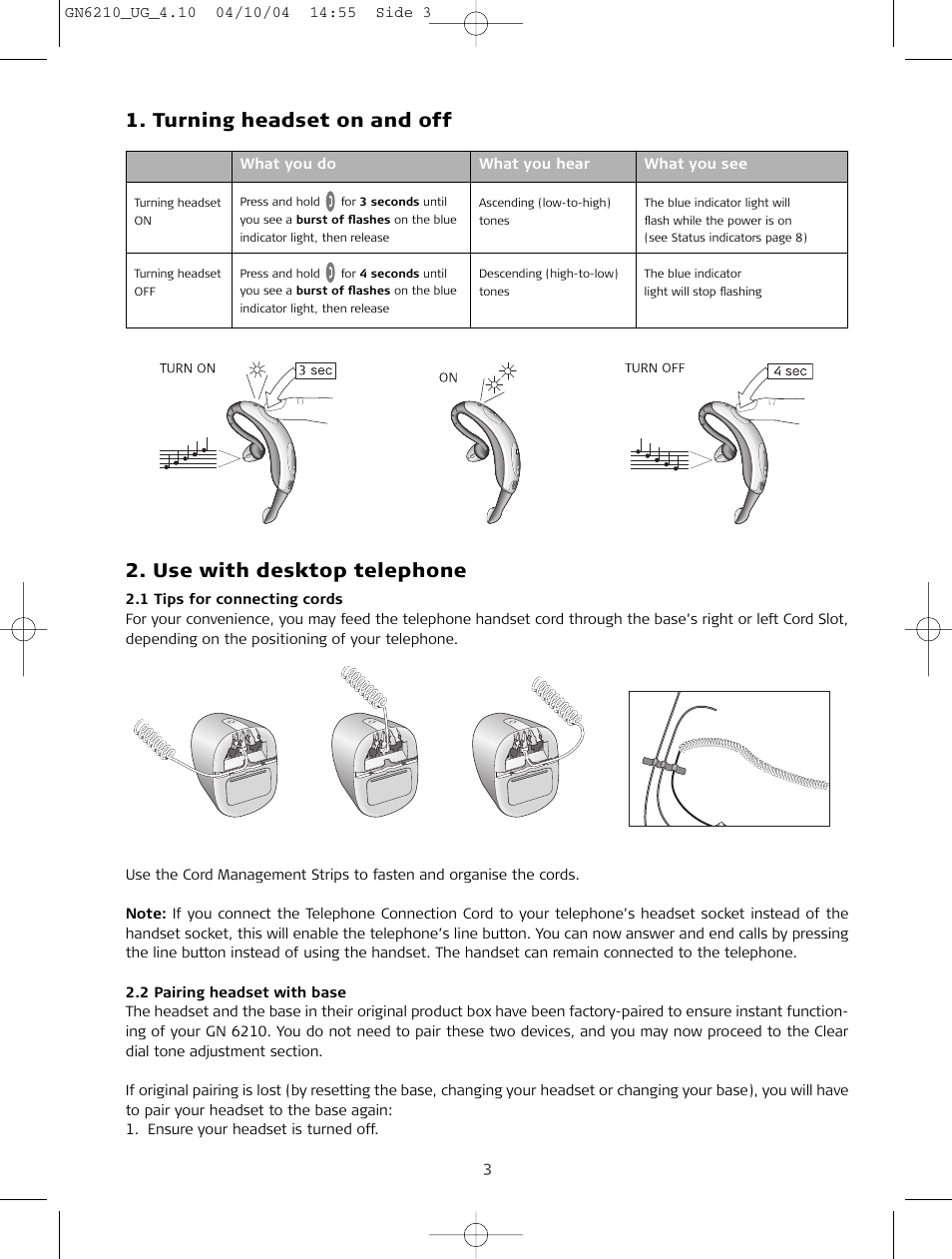 Turning headset on and off, Use with desktop telephones, Use with desktop telephone | Sony FR 20 User Manual | Page 3 / 37