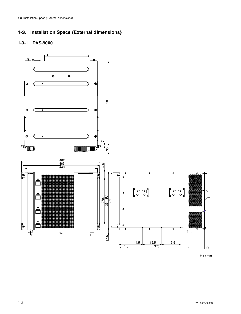 3. installation space (external dimensions), 3-1. dvs-9000 | Sony DVS-9000-C User Manual | Page 10 / 42
