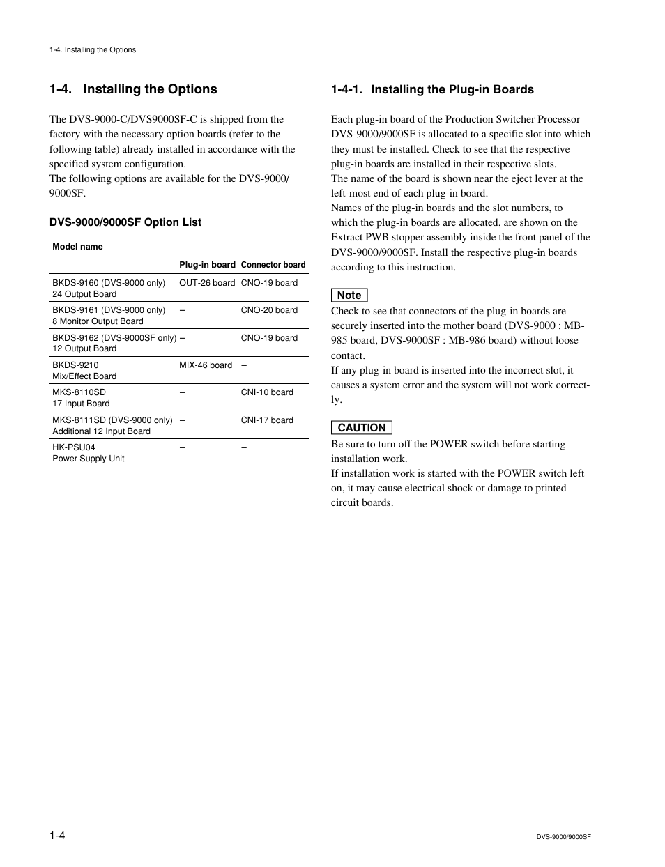 4. installing the options, 4-1. installing the plug-in boards | Sony DVS-9000-C User Manual | Page 12 / 42