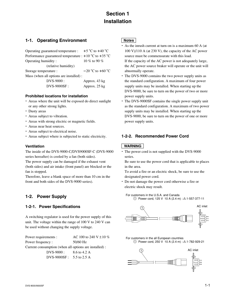 Installation, 1. operating environment, 2. power supply | 2-1. power specifications, 2-2. recommended power cord | Sony DVS-9000-C User Manual | Page 9 / 42