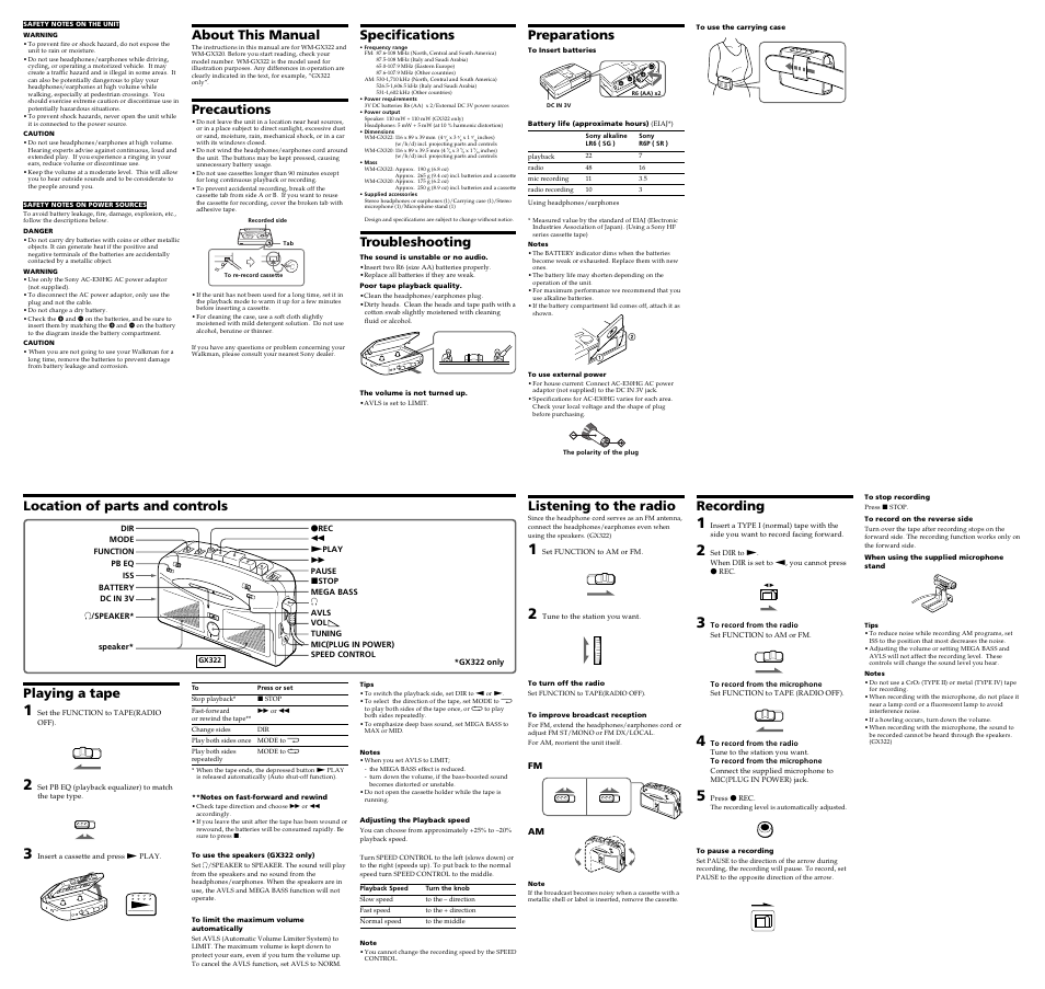 Op e n, Location of parts and controls, About this manual | Precautions, Preparations, Specifications, Troubleshooting, Playing a tape, Listening to the radio, Recording | Sony WM-GX320 User Manual | Page 2 / 2