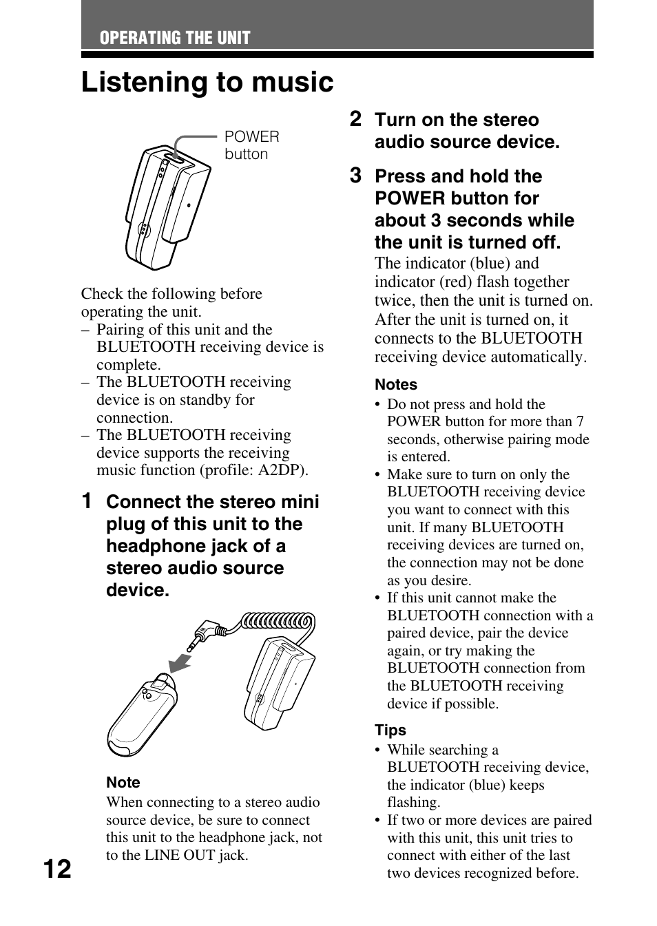 Listening to music | Sony TMR-BT10 User Manual | Page 12 / 24