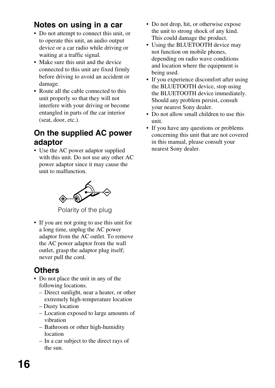 On the supplied ac power adaptor, Others | Sony TMR-BT10 User Manual | Page 16 / 24