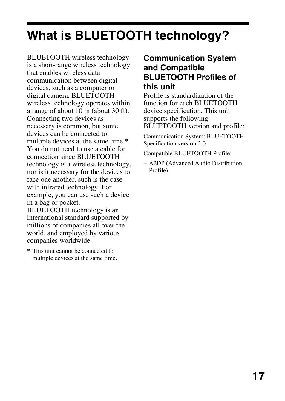 What is bluetooth technology, What is bluetooth, Technology | Sony TMR-BT10 User Manual | Page 17 / 24
