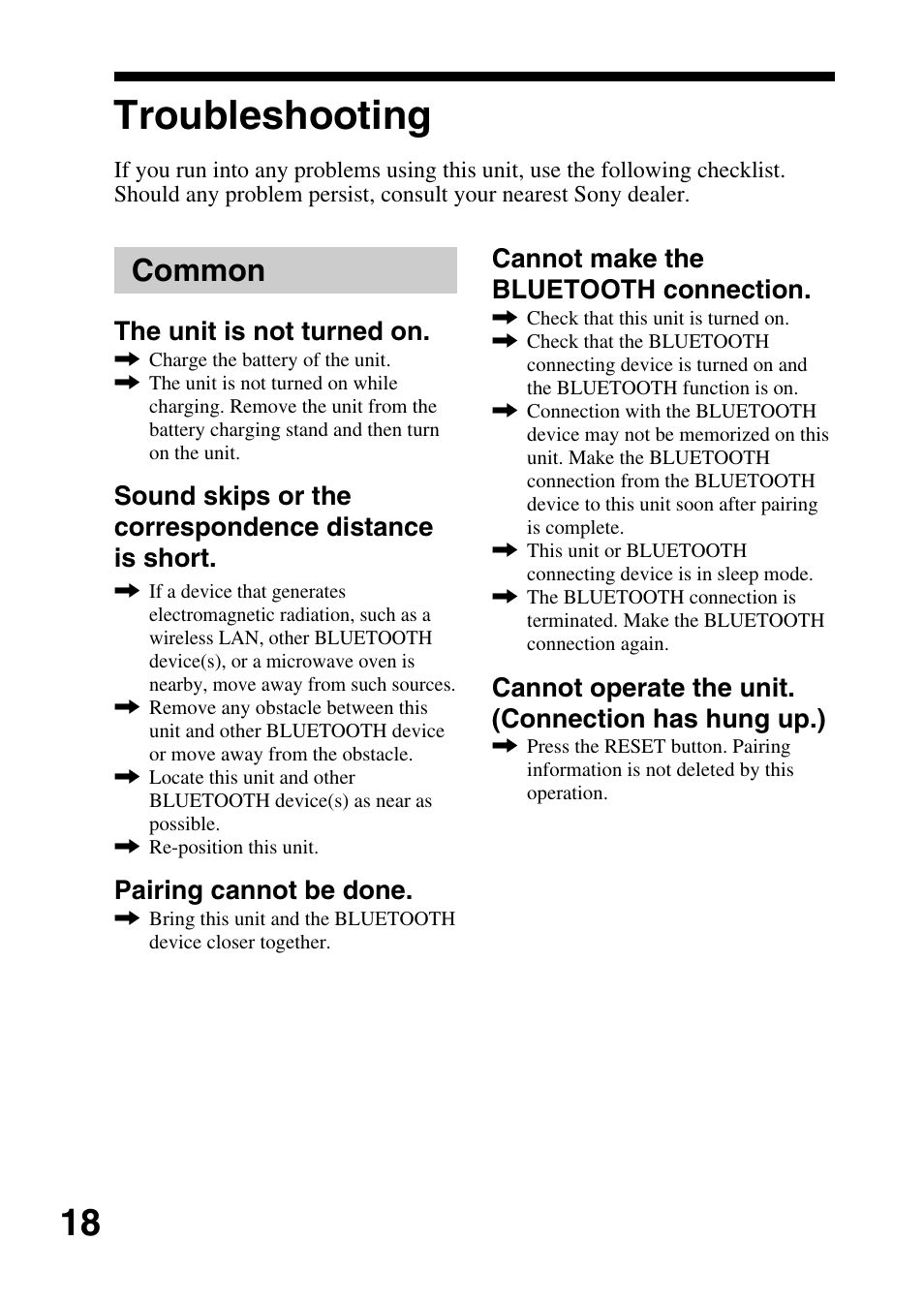 Troubleshooting, Common | Sony TMR-BT10 User Manual | Page 18 / 24