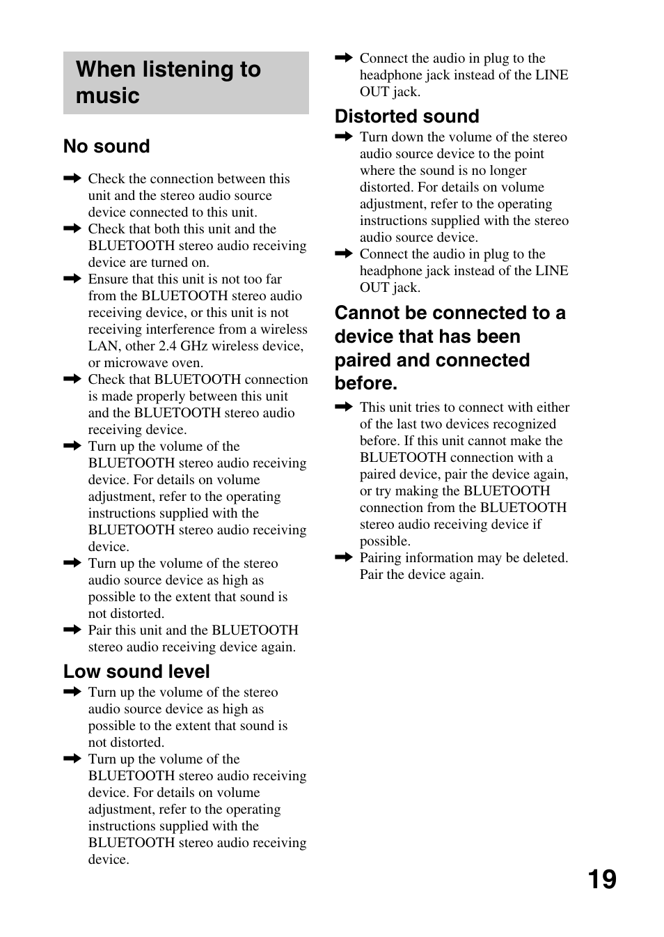 When listening to music, No sound, Low sound level | Distorted sound | Sony TMR-BT10 User Manual | Page 19 / 24