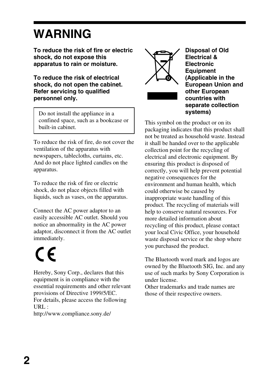 Warning | Sony TMR-BT10 User Manual | Page 2 / 24