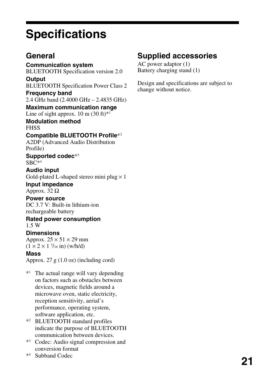 Specifications, General, Supplied accessories | Sony TMR-BT10 User Manual | Page 21 / 24