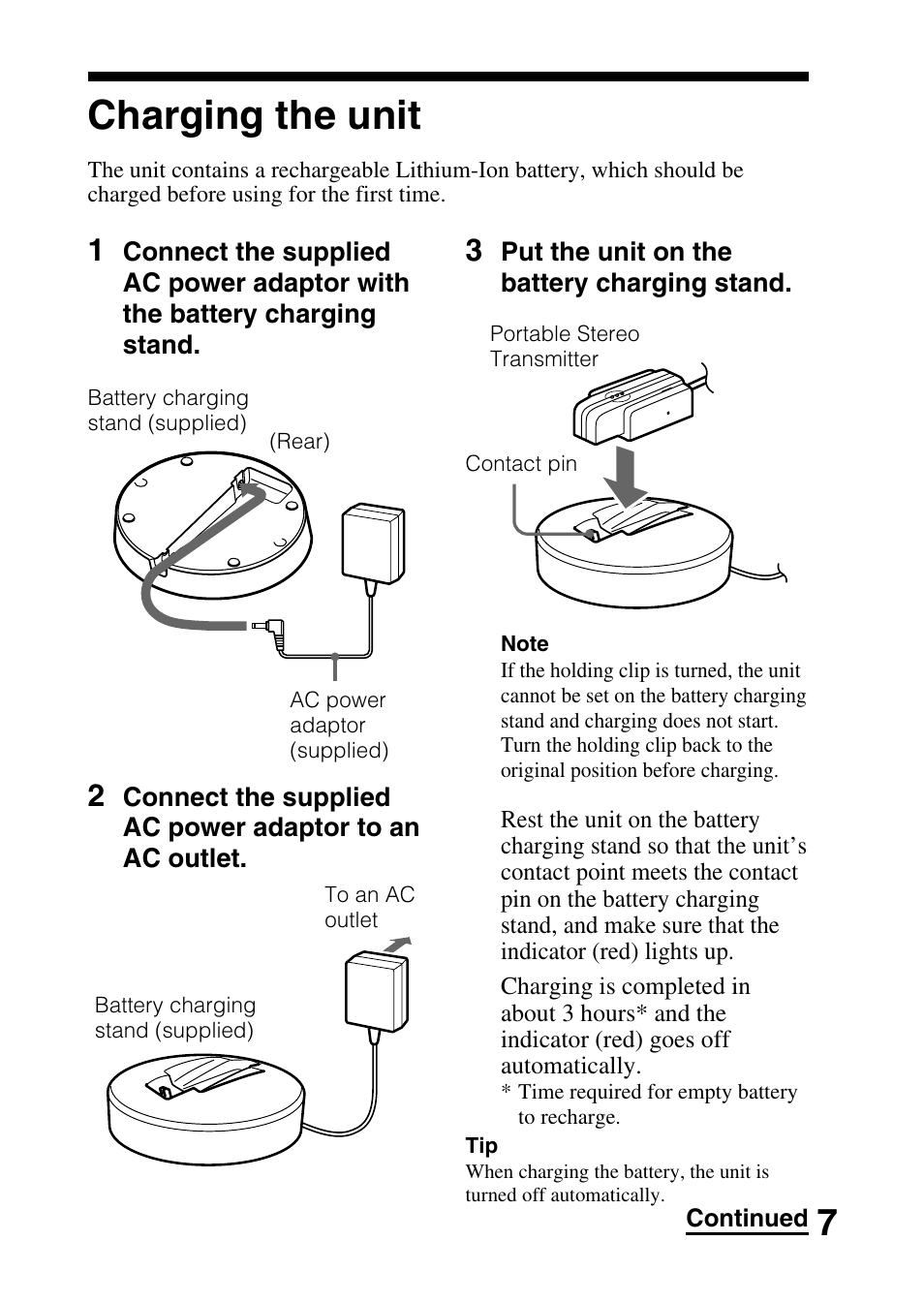 Charging the unit | Sony TMR-BT10 User Manual | Page 7 / 24