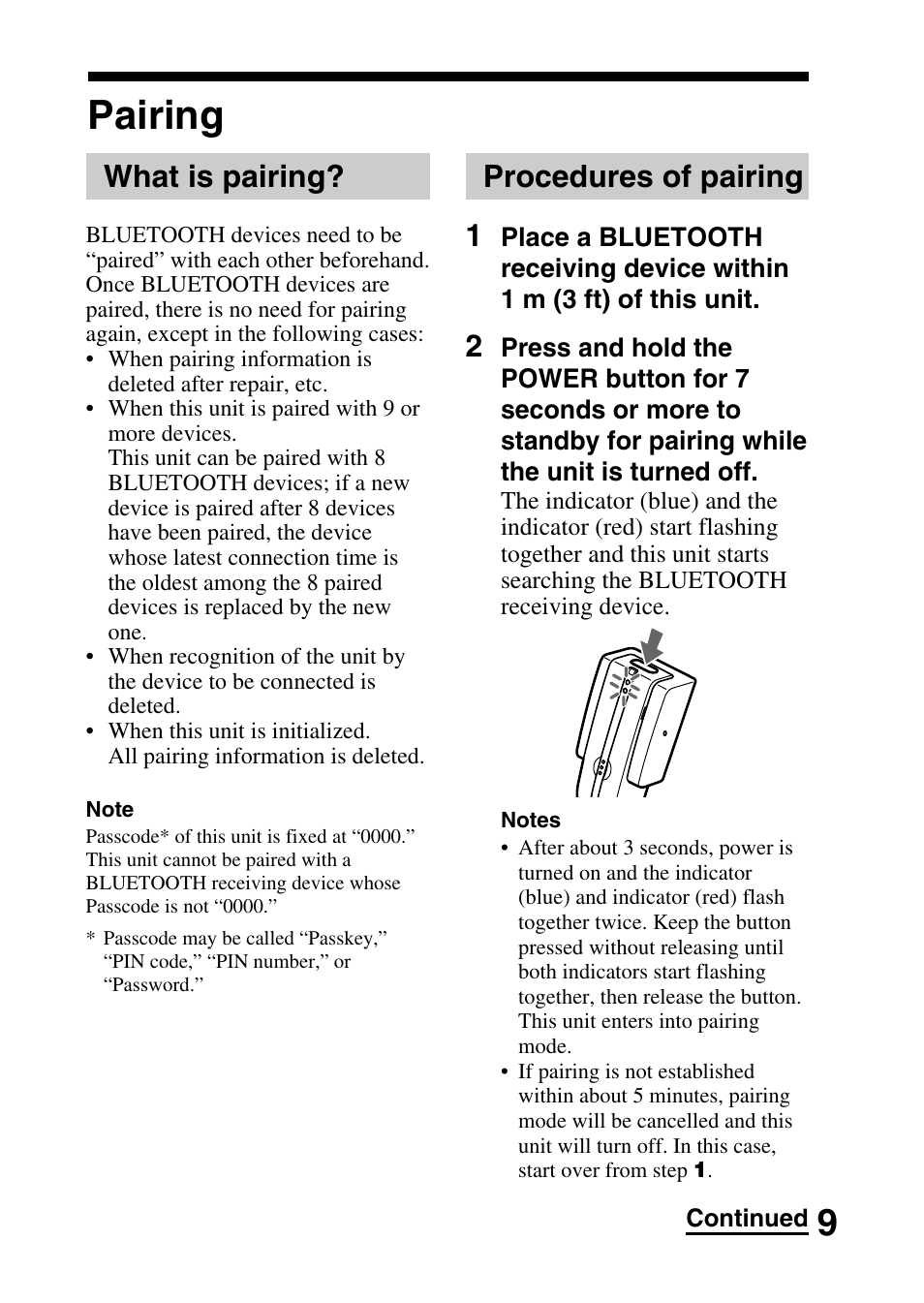 Pairing, What is pairing, Procedures of pairing | What is pairing? procedures of pairing, Procedures of pairing 1 | Sony TMR-BT10 User Manual | Page 9 / 24