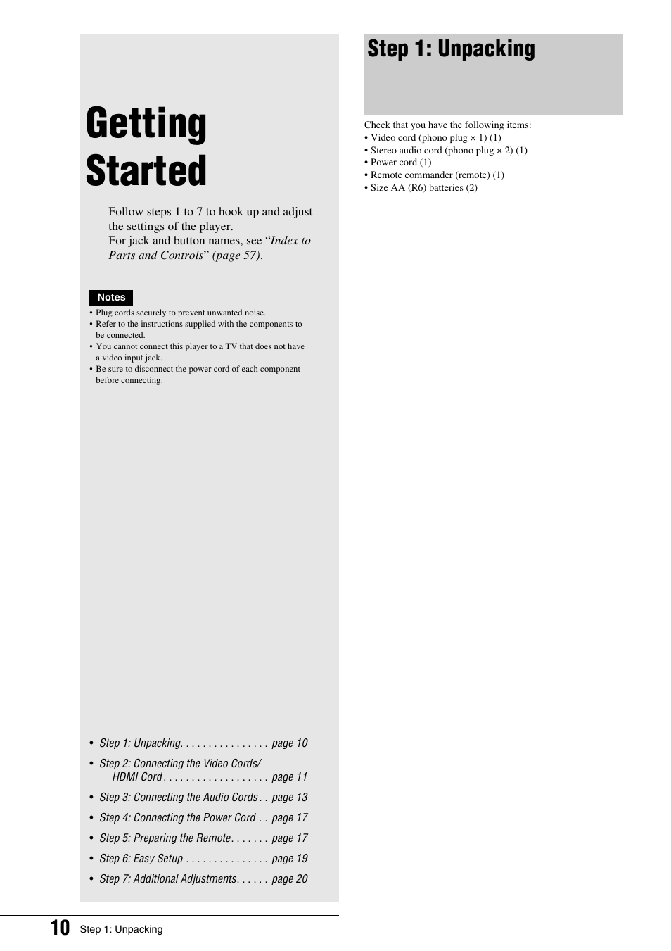 Getting started, Step 1: unpacking | Sony BDP - S1 User Manual | Page 10 / 71