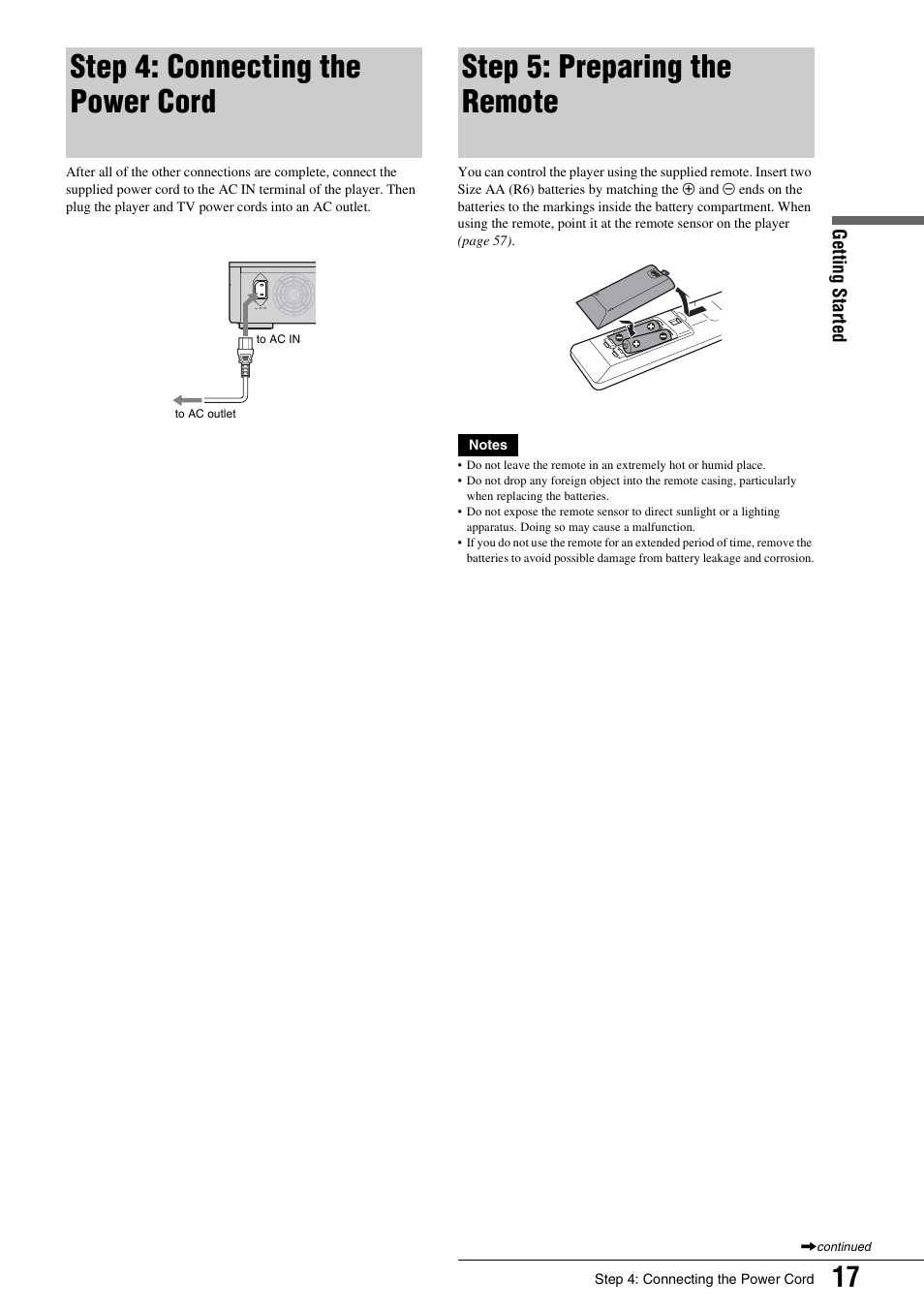 Step 4: connecting the power cord, Step 5: preparing the remote, Getting s tarted | Sony BDP - S1 User Manual | Page 17 / 71