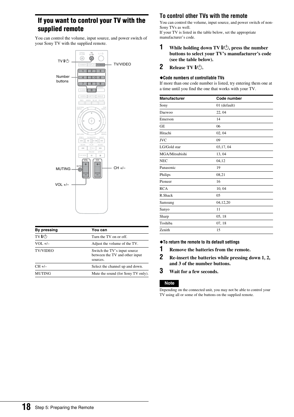 If you want to control your tv with the supplied, Remote, Release tv [ / 1 | Remove the batteries from the remote, Wait for a few seconds | Sony BDP - S1 User Manual | Page 18 / 71