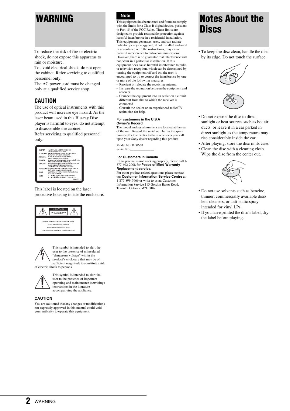 Warning, Notes about the discs, Caution | Sony BDP - S1 User Manual | Page 2 / 71