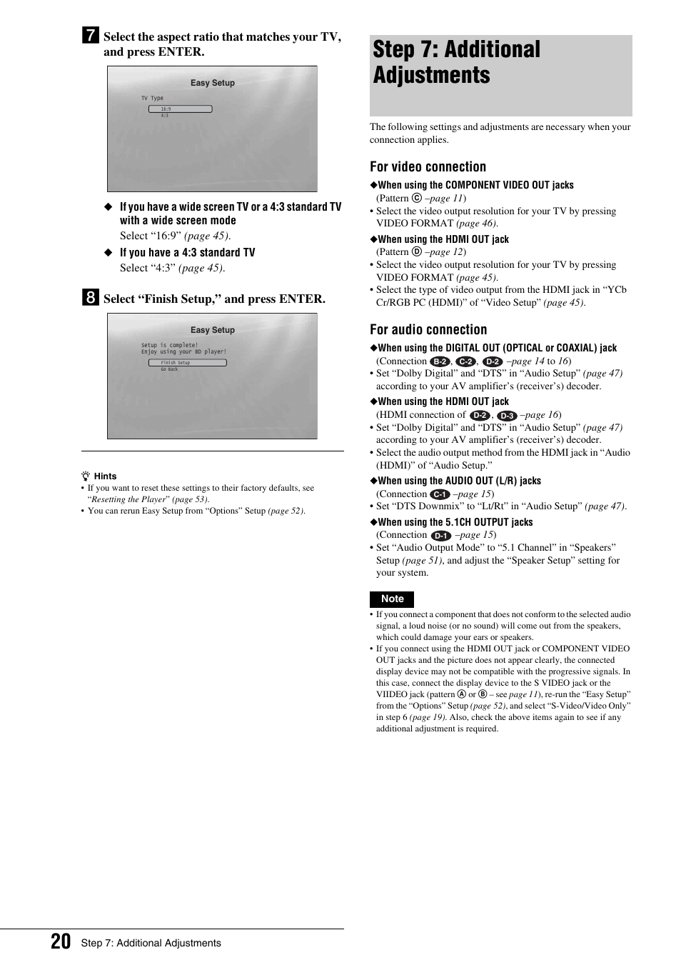 Step 7: additional adjustments, For video connection, For audio connection | Select “finish setup,” and press enter | Sony BDP - S1 User Manual | Page 20 / 71