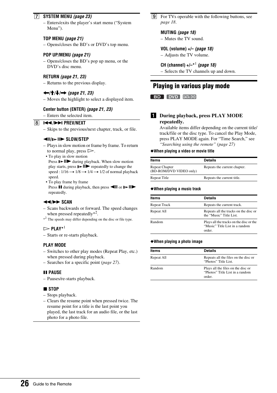 Playing in various play mode | Sony BDP - S1 User Manual | Page 26 / 71