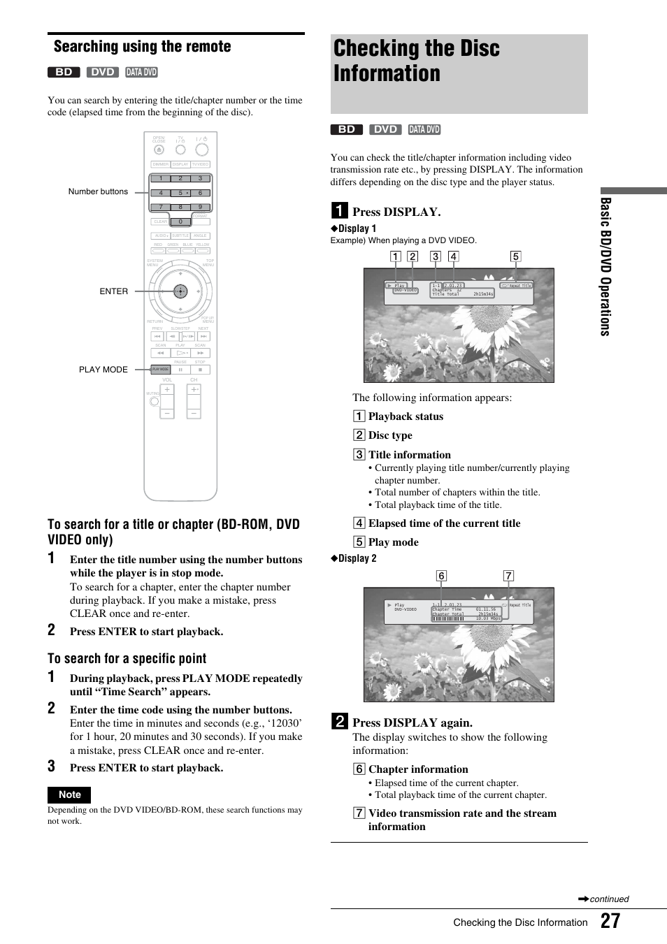 Searching using the remote, Checking the disc information, Press display | Press display again | Sony BDP - S1 User Manual | Page 27 / 71