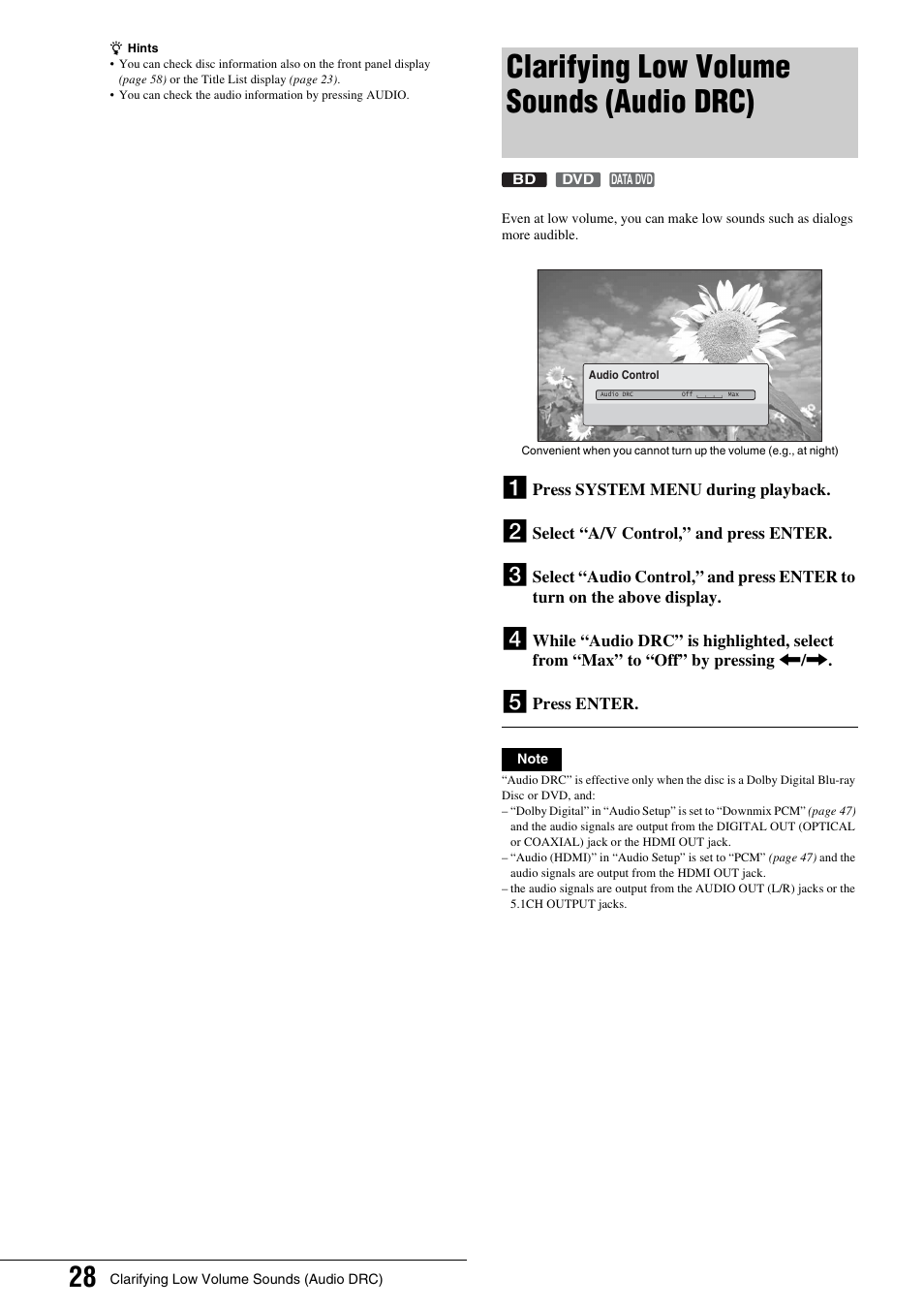 Clarifying low volume sounds (audio drc), Clarifying low volume sounds (audio, Drc) | Sony BDP - S1 User Manual | Page 28 / 71