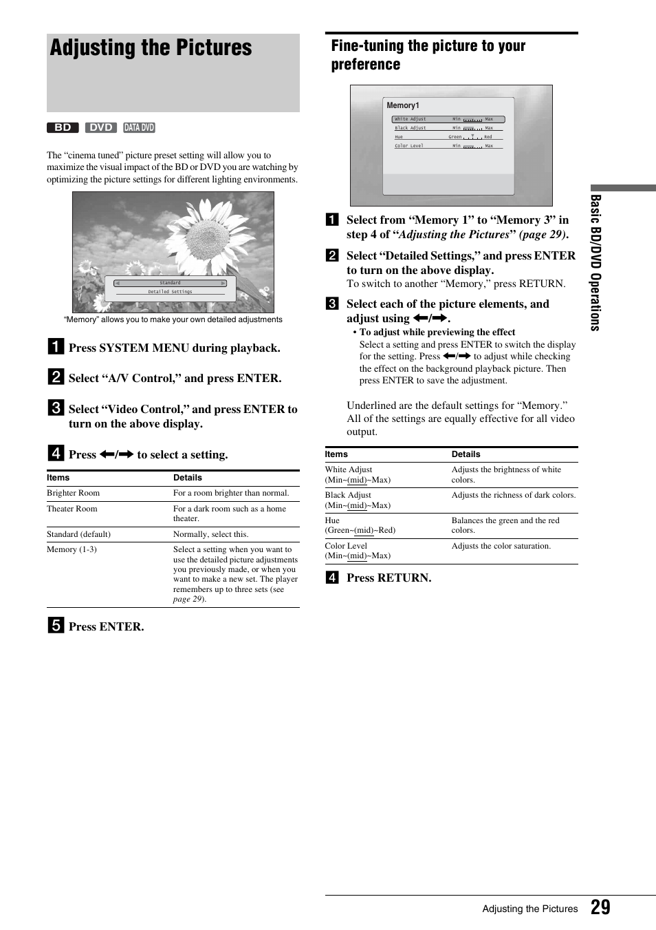 Adjusting the pictures, Fine-tuning the picture to your preference | Sony BDP - S1 User Manual | Page 29 / 71