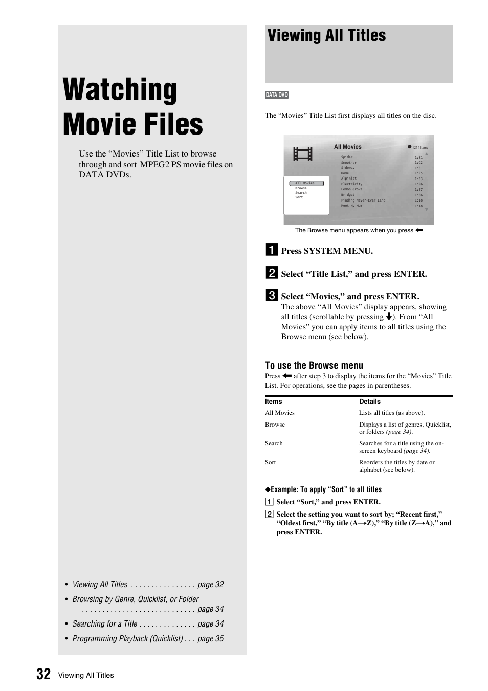 Watching movie files, Viewing all titles, Press system menu | Select “title list,” and press enter, Select “movies,” and press enter | Sony BDP - S1 User Manual | Page 32 / 71