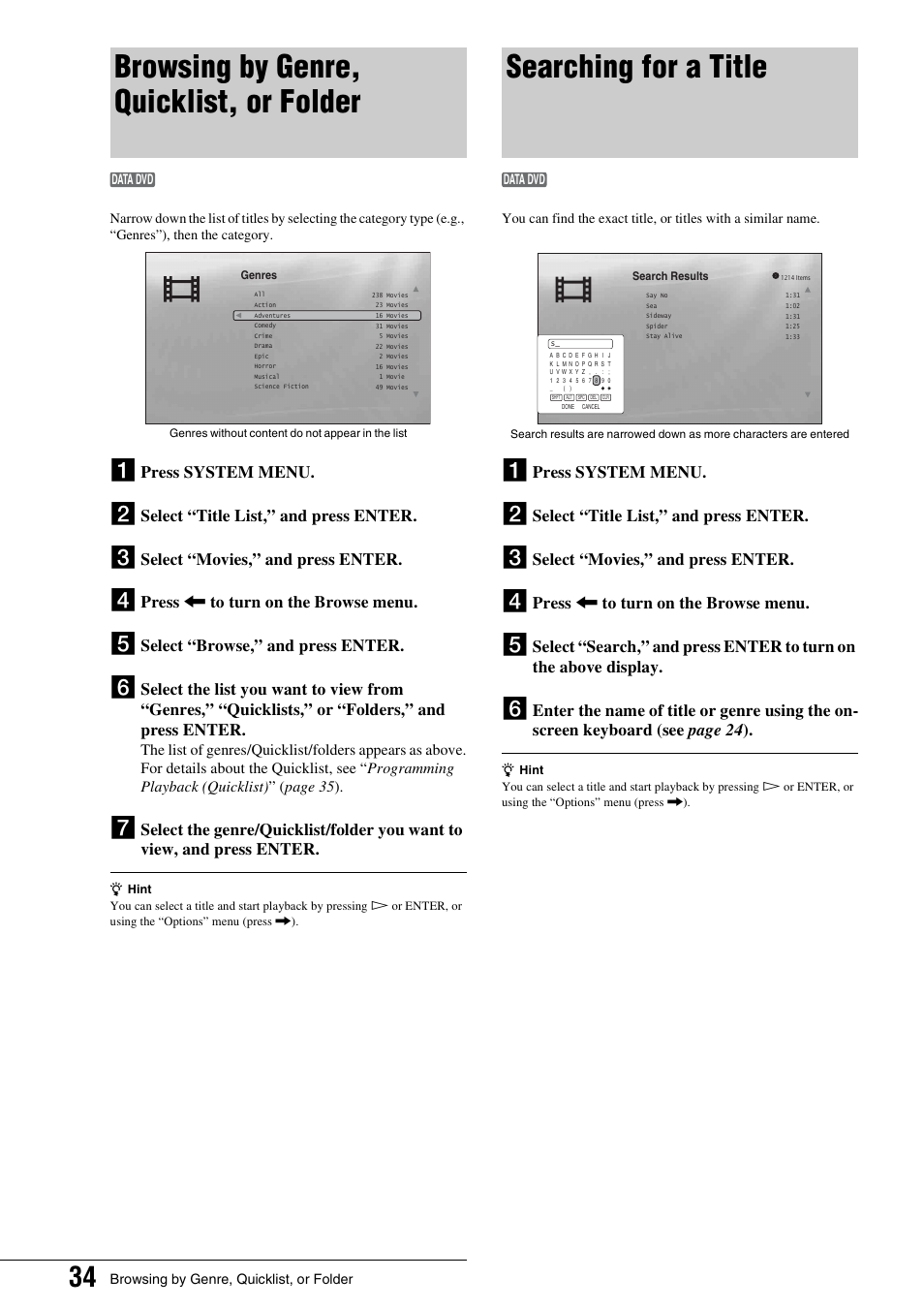 Browsing by genre, quicklist, or folder, Searching for a title, Browsing by genre, quicklist | Or folder, Press system menu, Select “title list,” and press enter, Select “movies,” and press enter, Press < to turn on the browse menu, Select “browse,” and press enter | Sony BDP - S1 User Manual | Page 34 / 71