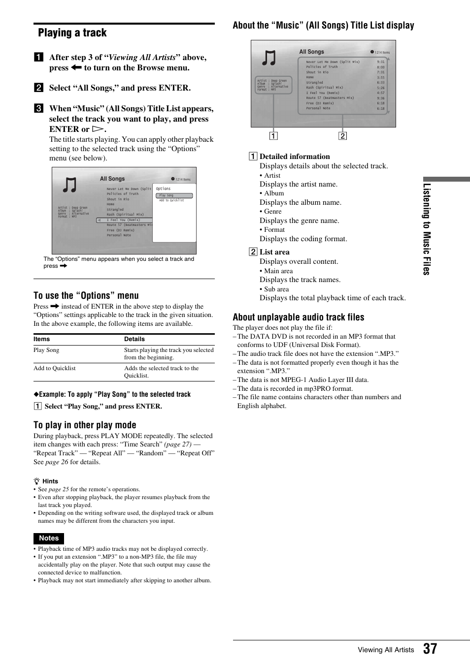Playing a track, Listening t o mus ic fi les, About the “music” (all songs) title list display | About unplayable audio track files, Displays the artist name, Displays the album name, Displays the genre name, Displays the track names, Displays the total playback time of each track, Viewing all artists | Sony BDP - S1 User Manual | Page 37 / 71
