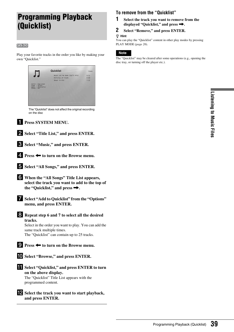 Programming playback (quicklist), Listening t o mus ic fi les | Sony BDP - S1 User Manual | Page 39 / 71