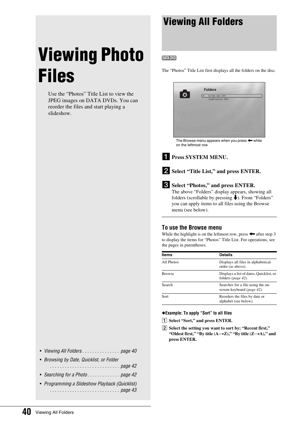 Viewing photo files, Viewing all folders, 40 for | Sony BDP - S1 User Manual | Page 40 / 71