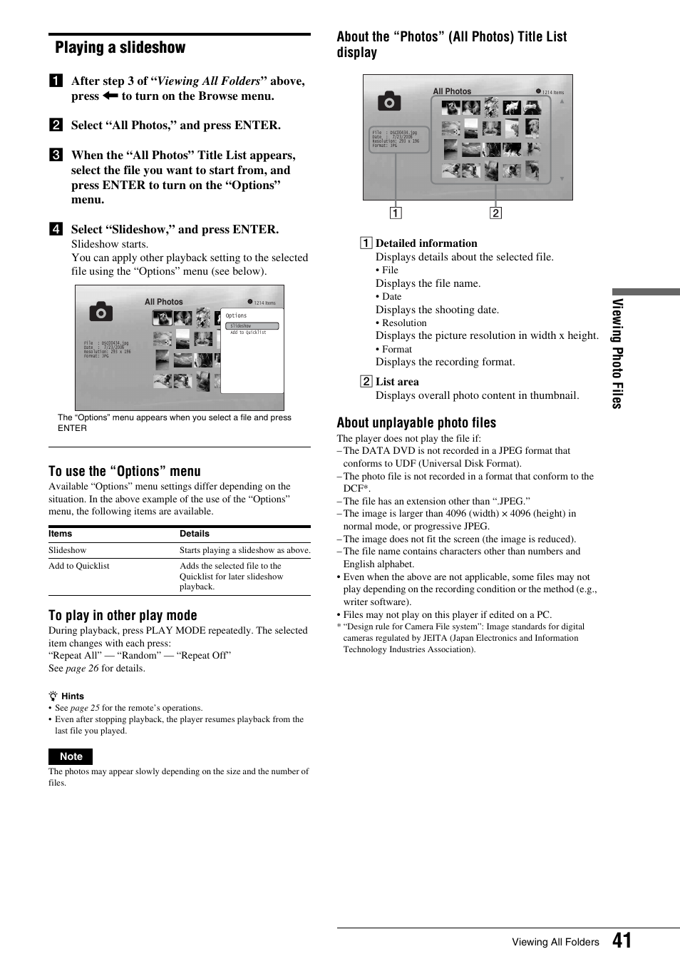 Playing a slideshow, View ing phot o files, About the “photos” (all photos) title list display | About unplayable photo files | Sony BDP - S1 User Manual | Page 41 / 71