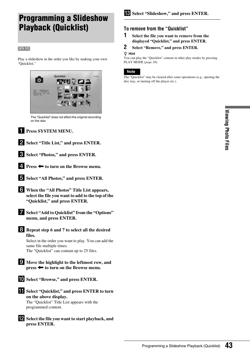 Programming a slideshow playback (quicklist), Programming a slideshow playback, Quicklist) | Sony BDP - S1 User Manual | Page 43 / 71