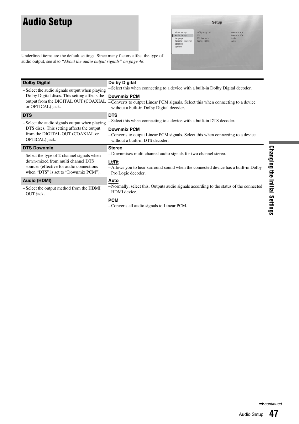 Audio setup, Changing th e initial sett ings | Sony BDP - S1 User Manual | Page 47 / 71