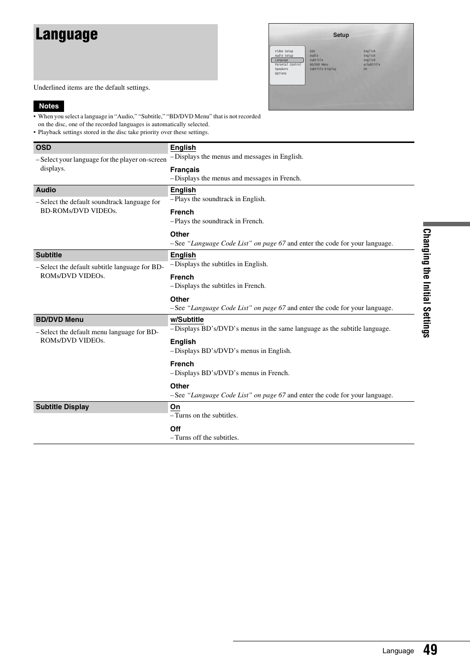 Language, Changing th e initial sett ings | Sony BDP - S1 User Manual | Page 49 / 71