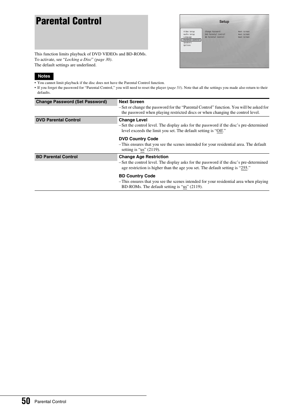 Parental control | Sony BDP - S1 User Manual | Page 50 / 71