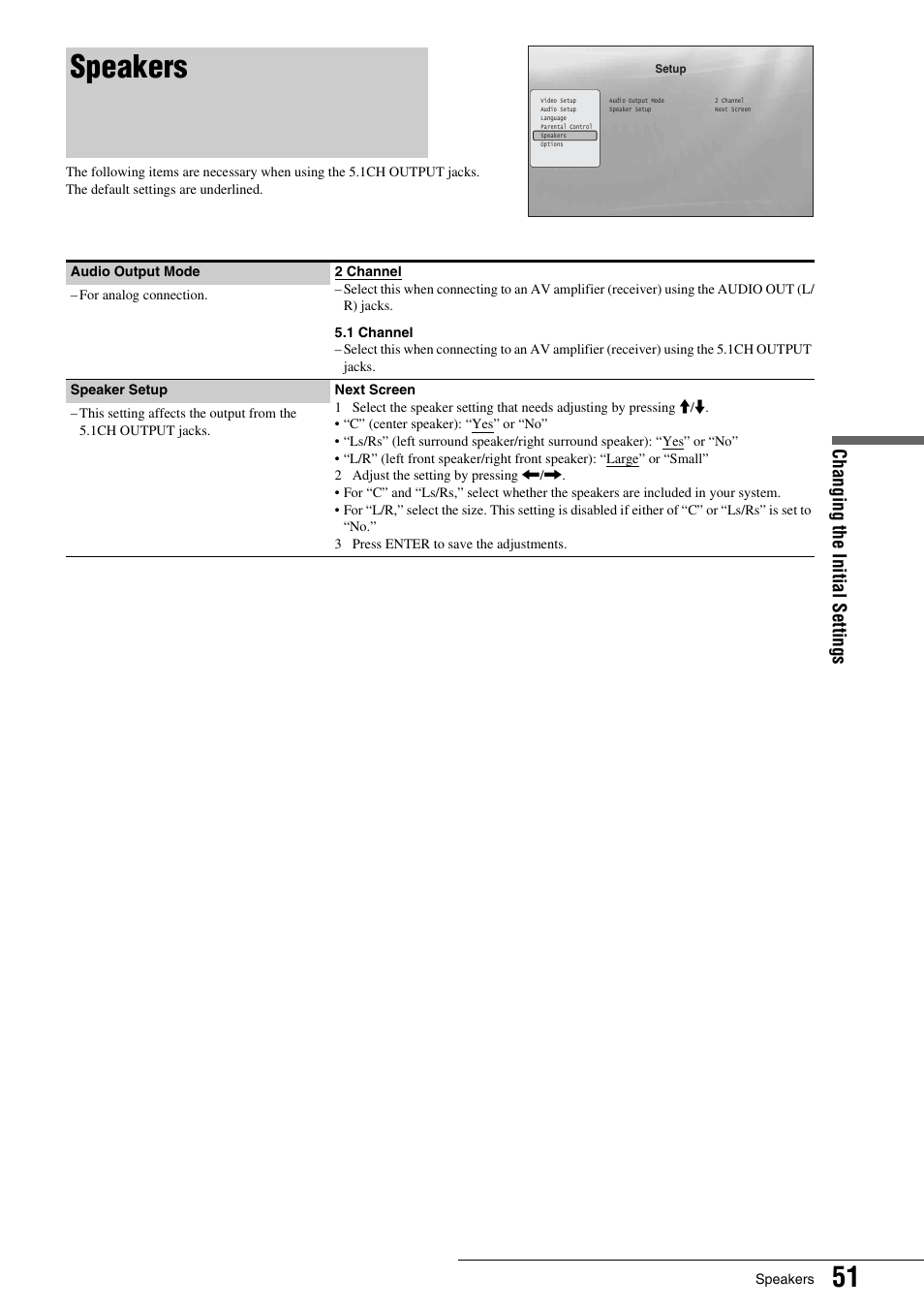 Speakers, Changing th e initial sett ings | Sony BDP - S1 User Manual | Page 51 / 71