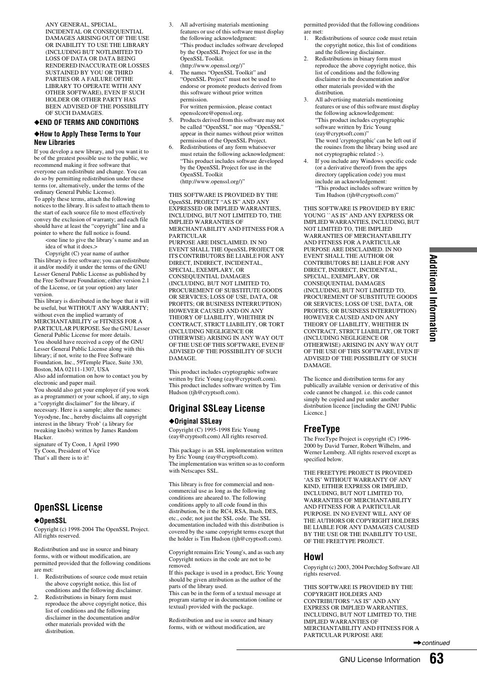 Additional informati o n, Openssl license, Original ssleay license | Freetype, Howl | Sony BDP - S1 User Manual | Page 63 / 71