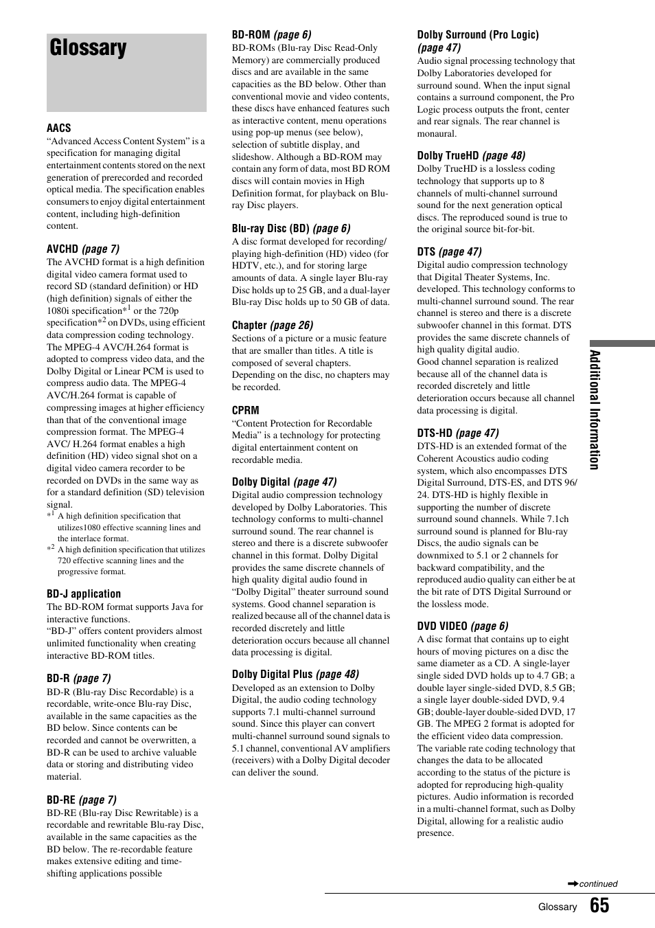 Glossary, Additional informati o n | Sony BDP - S1 User Manual | Page 65 / 71