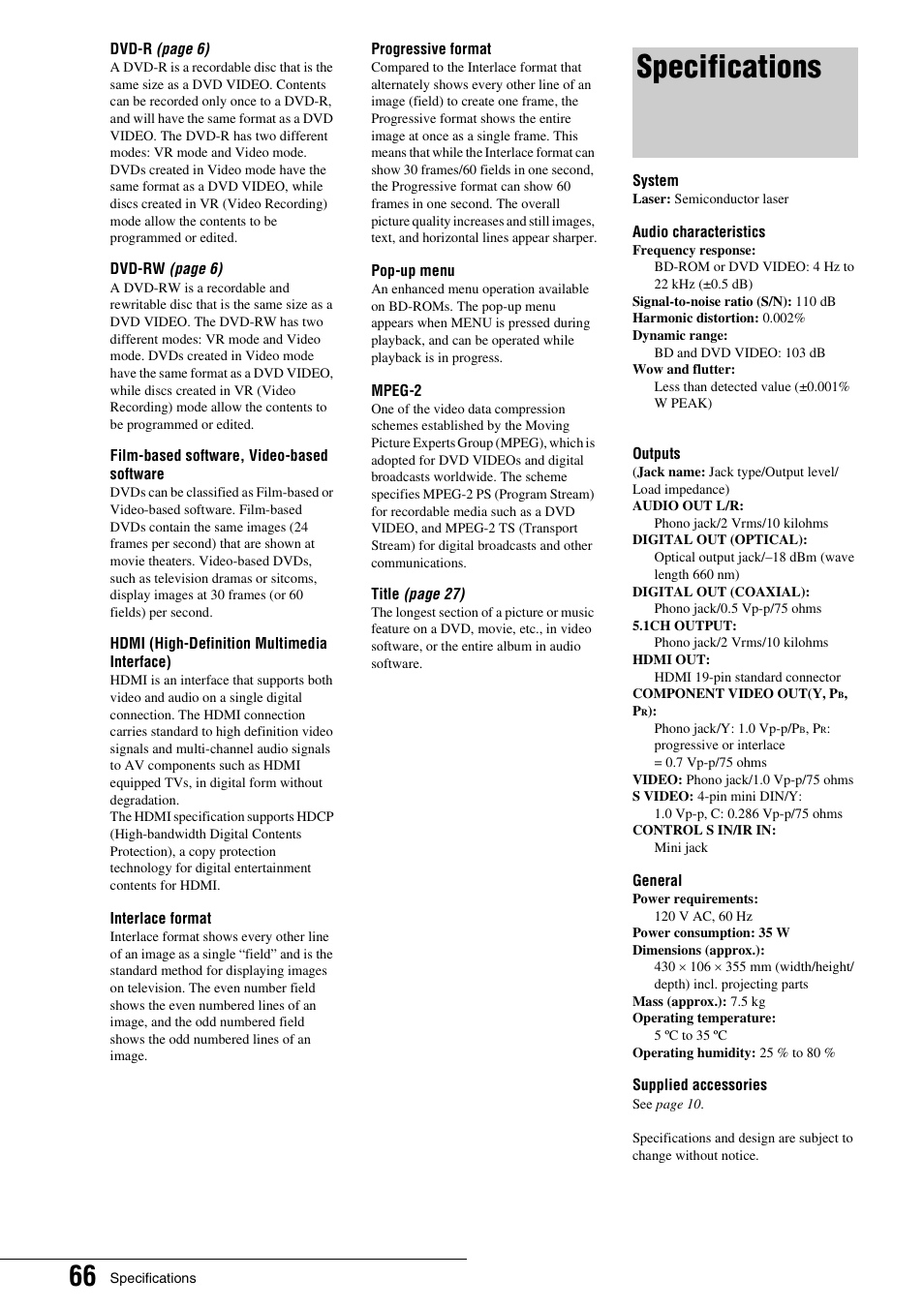 Specifications | Sony BDP - S1 User Manual | Page 66 / 71