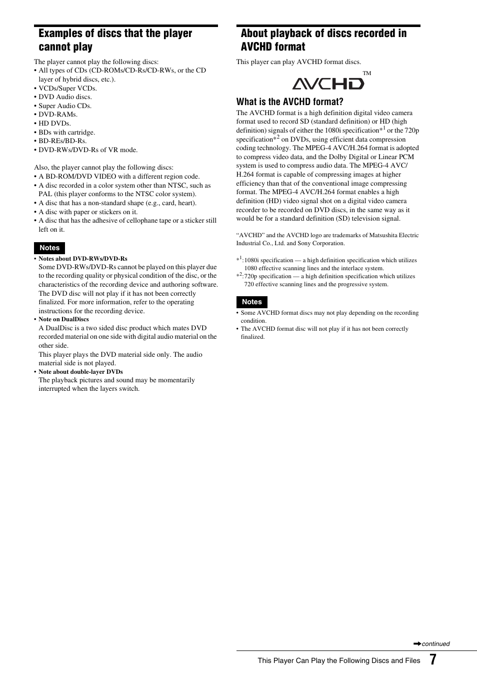 Examples of discs that the player cannot play, About playback of discs recorded in avchd format, Examples of discs that the player cannot | Play, About playback of discs recorded in avchd, Format, What is the avchd format | Sony BDP - S1 User Manual | Page 7 / 71