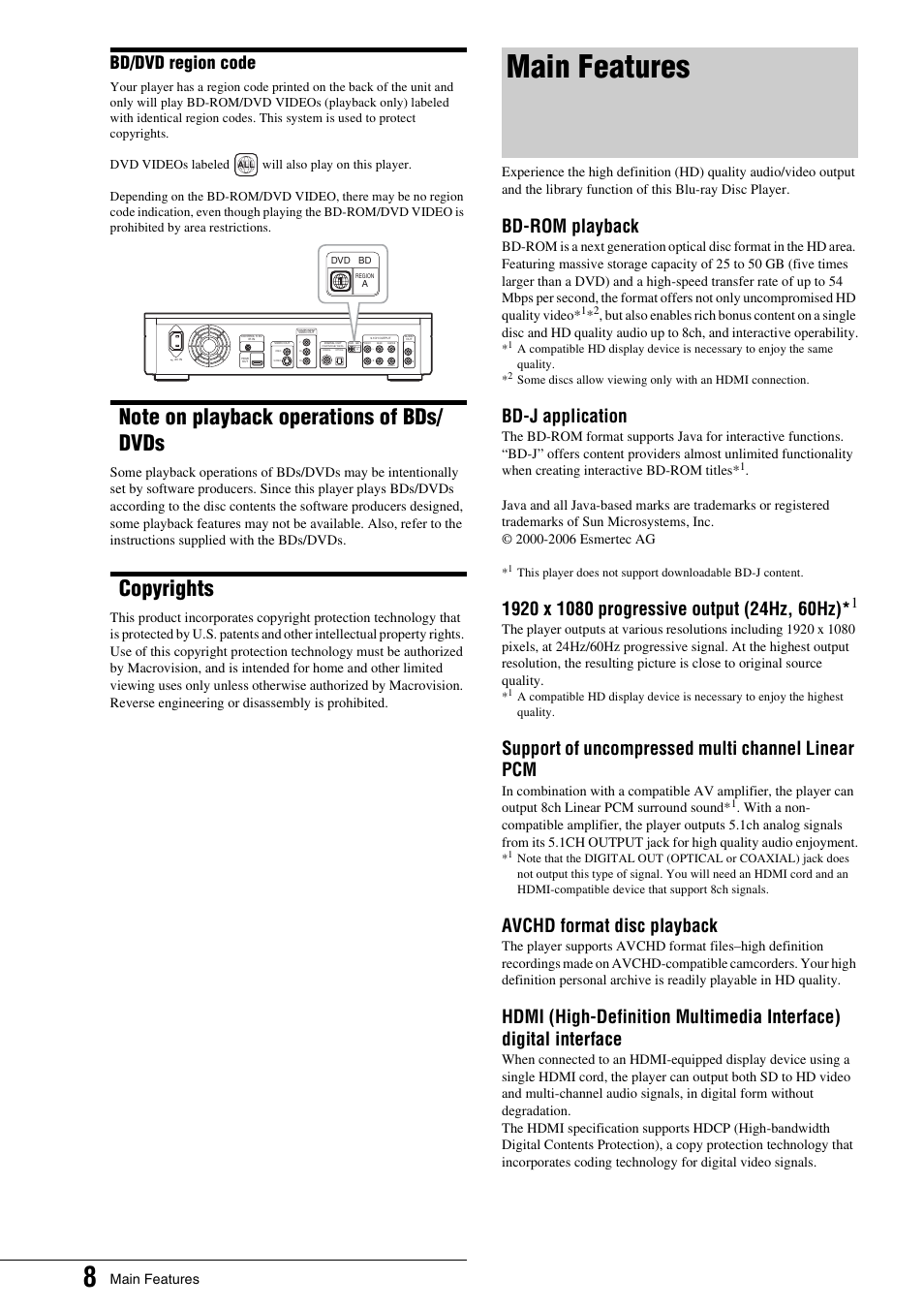 Bd/dvd region code, Note on playback operations of bds/ dvds, Copyrights | Main features, Bd-rom playback, Bd-j application, Support of uncompressed multi channel linear pcm, Avchd format disc playback, Woofer, Region | Sony BDP - S1 User Manual | Page 8 / 71