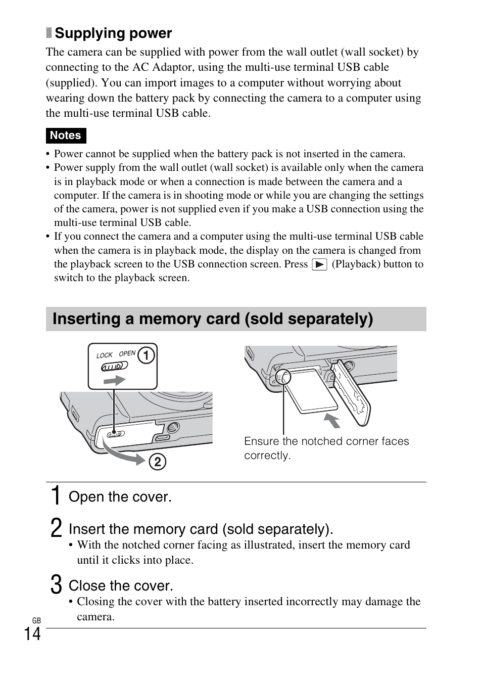 Inserting a memory card (sold separately) | Sony AC-UB10/UB10B User Manual | Page 14 / 32
