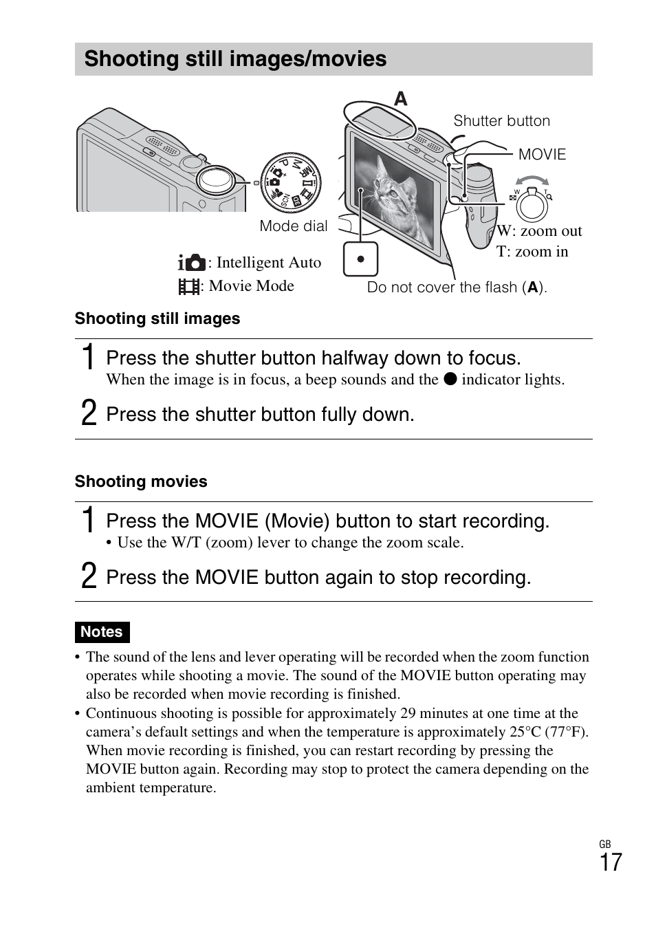 Shooting still images/movies | Sony AC-UB10/UB10B User Manual | Page 17 / 32