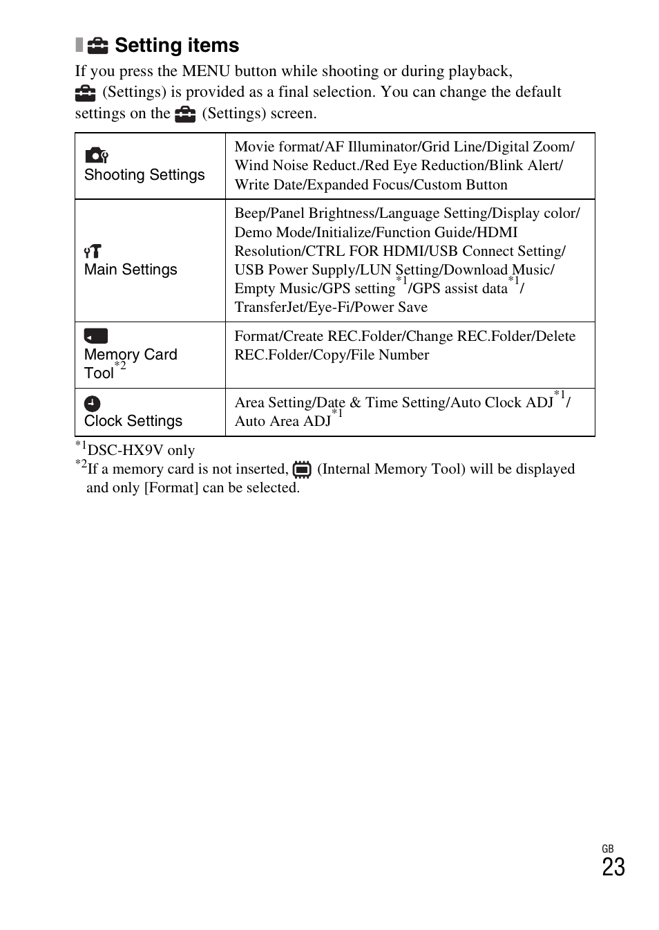Setting items | Sony AC-UB10/UB10B User Manual | Page 23 / 32
