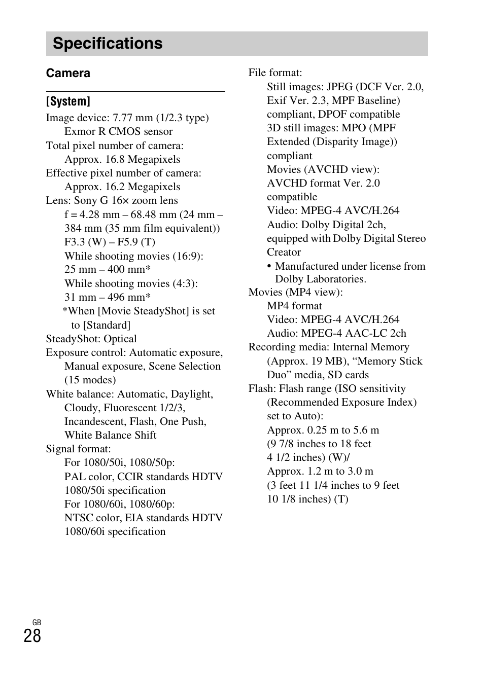 Specifications | Sony AC-UB10/UB10B User Manual | Page 28 / 32